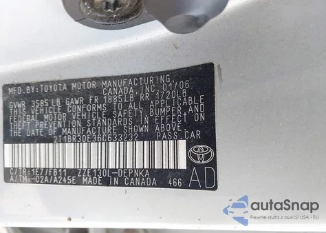 2006 Toyota Corolla Le из США, поврежденный, VIN 2T1BR30E36C633232